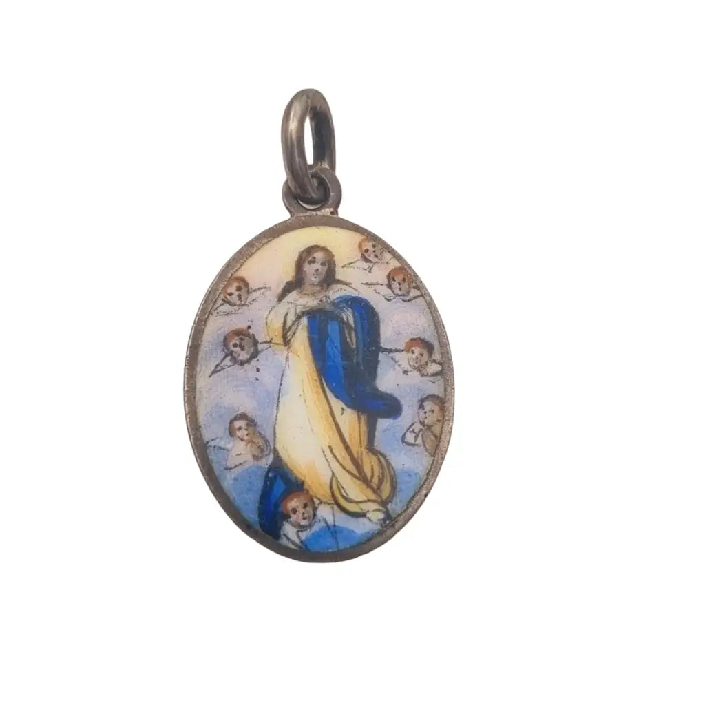 Medalla santa maría inmaculada y querubines esmalte plata regalo religioso.