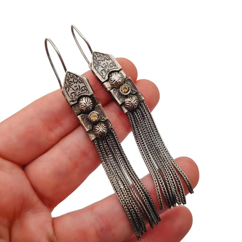 Pendientes de borla larga estilo bizantino vintage plata 900 para mujer