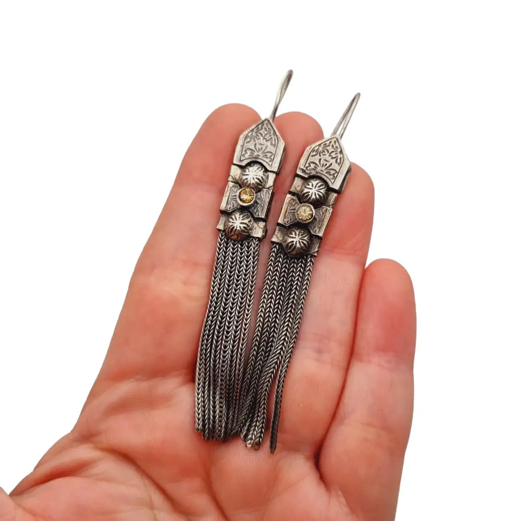 Pendientes de borla larga estilo bizantino vintage plata 900 para mujer