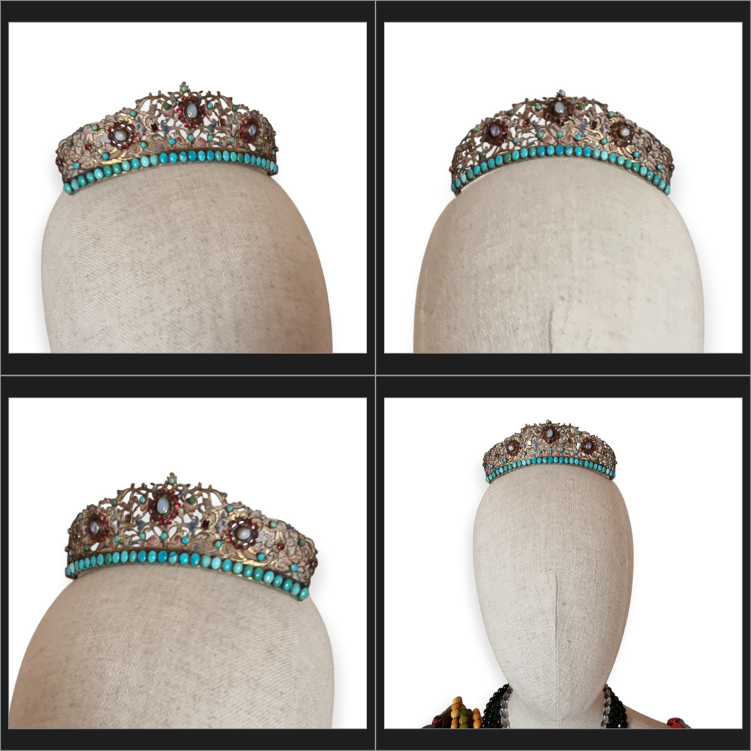 Austro-Hungarian Victorian tiara in gilded silver with turquoise, garnets, and moonstone, late Romantic, c. 1880–1900