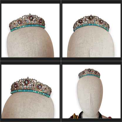 Austro-Hungarian Victorian tiara in gilded silver with turquoise, garnets, and moonstone, late Romantic, c. 1880–1900