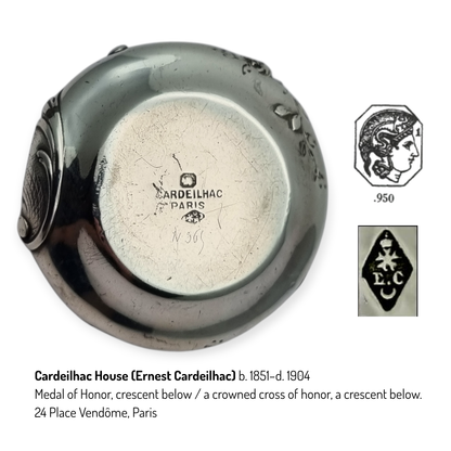 Art Nouveau pill box, 950 silver, Cardeilhac Paris, Minerva 1 hallmark, Circa 1890-1910