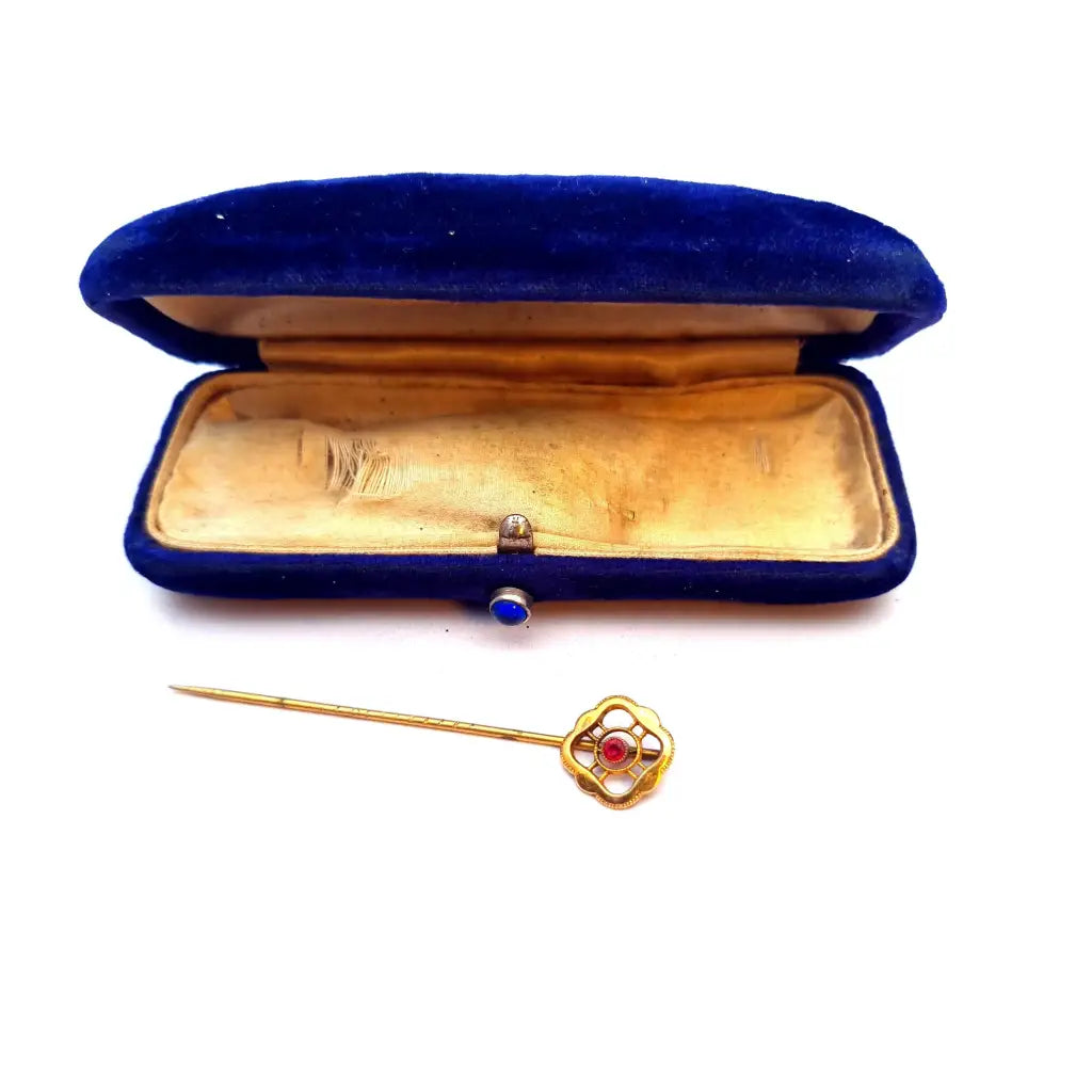 Alfiler victoriano de oro 9 k circa 1900 joyas antiguas en su caja