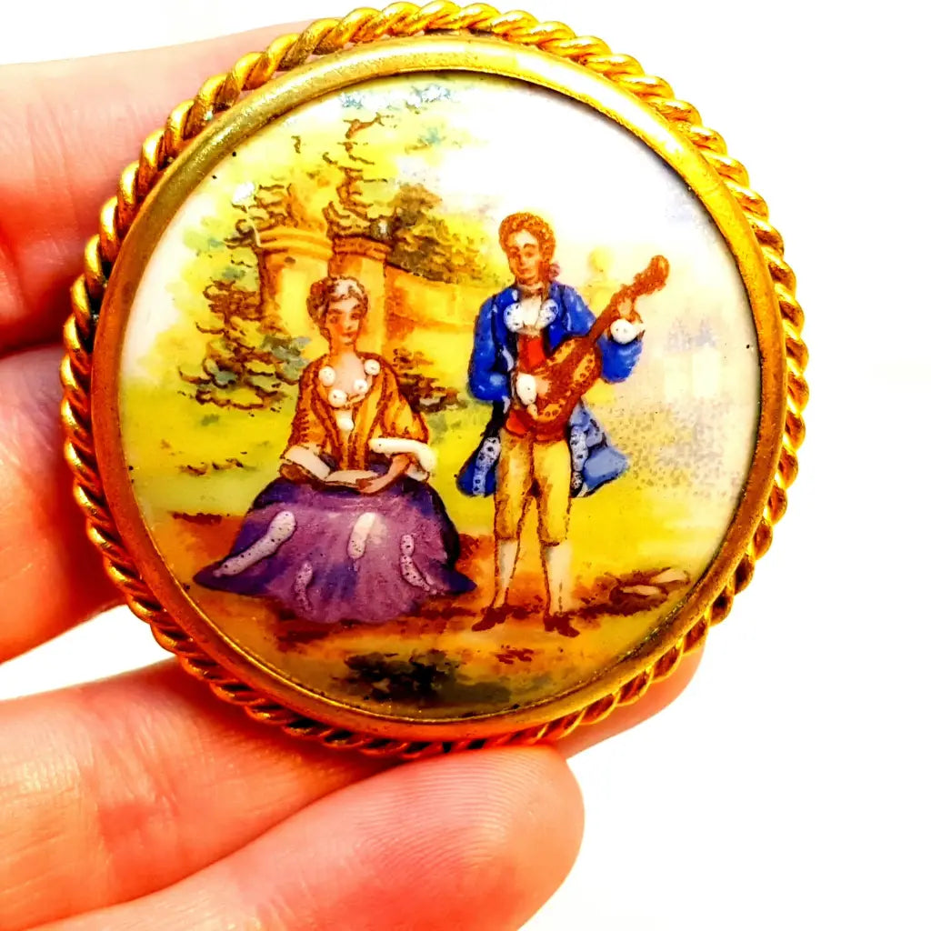 Broche Limoge vintage joyería francesa para mujer pintura de porcelana antigua