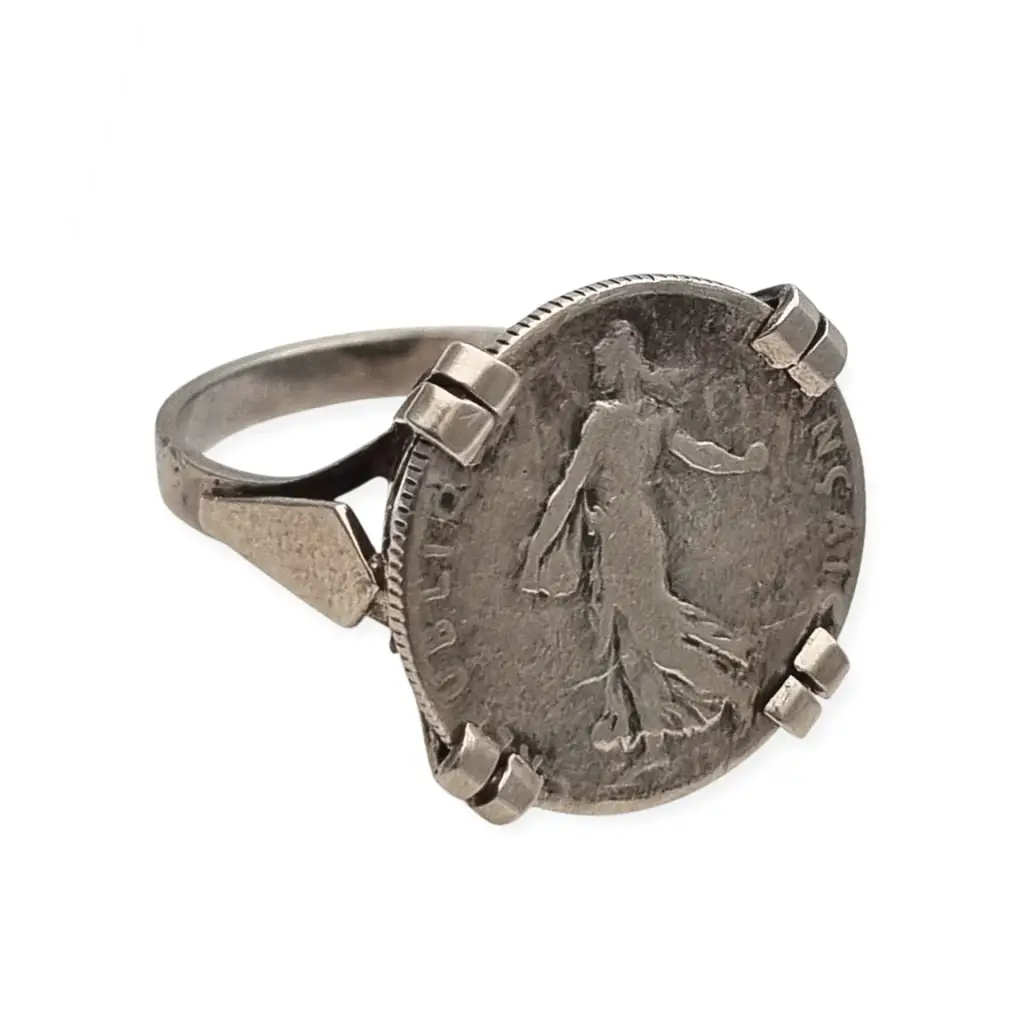 Anillo antiguo de moneda 50 céntimos francesa en plata montura artesanal,
