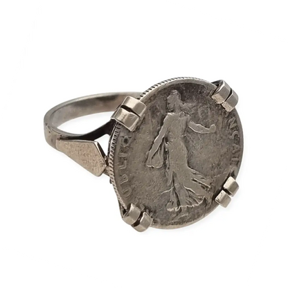 Anillo antiguo de moneda 50 céntimos francesa en plata montura artesanal,
