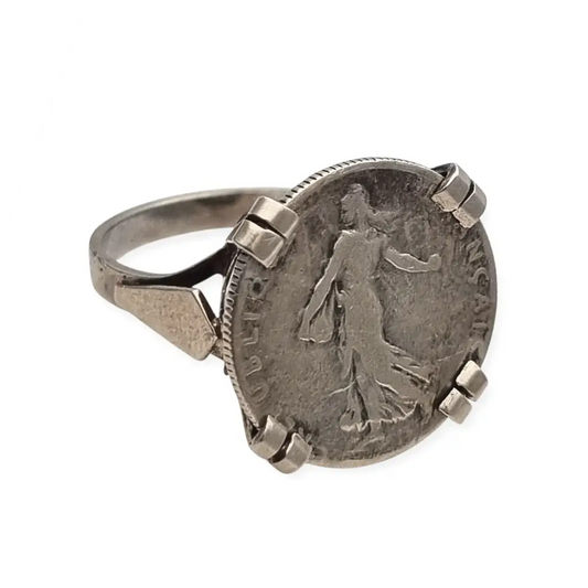 Anillo antiguo de moneda 50 céntimos francesa en plata montura artesanal