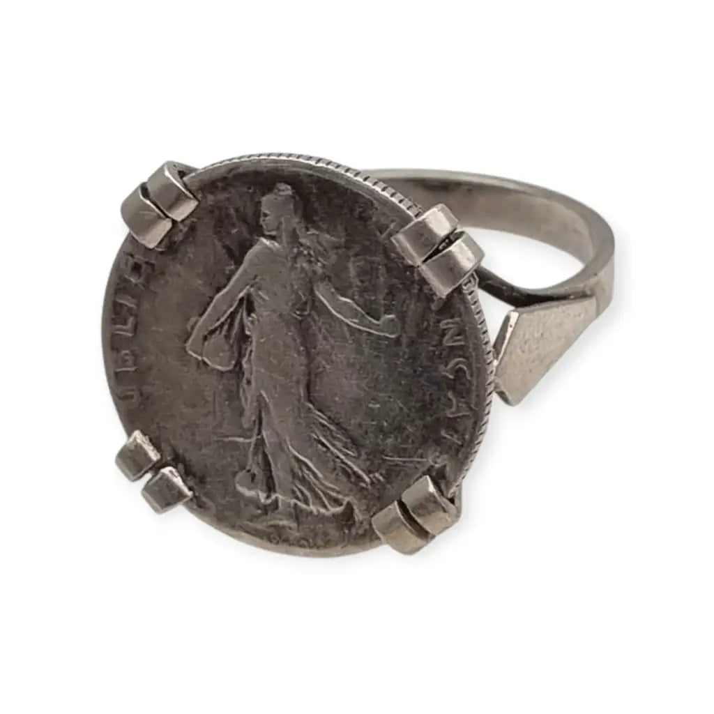 Anillo antiguo de moneda 50 céntimos francesa en plata montura artesanal,