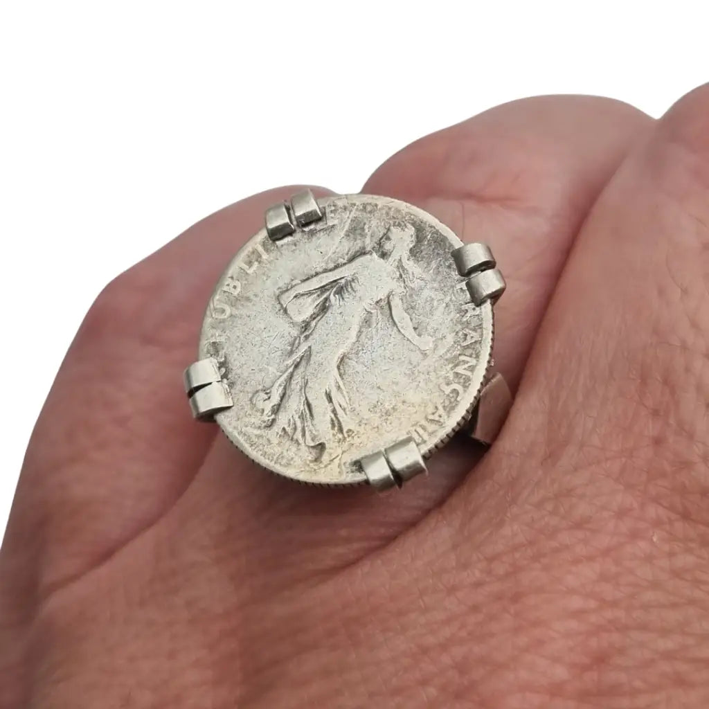 Anillo antiguo de moneda 50 céntimos francesa en plata montura artesanal,