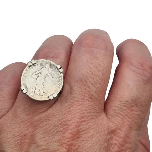 Anillo antiguo de moneda 50 céntimos francesa en plata montura artesanal