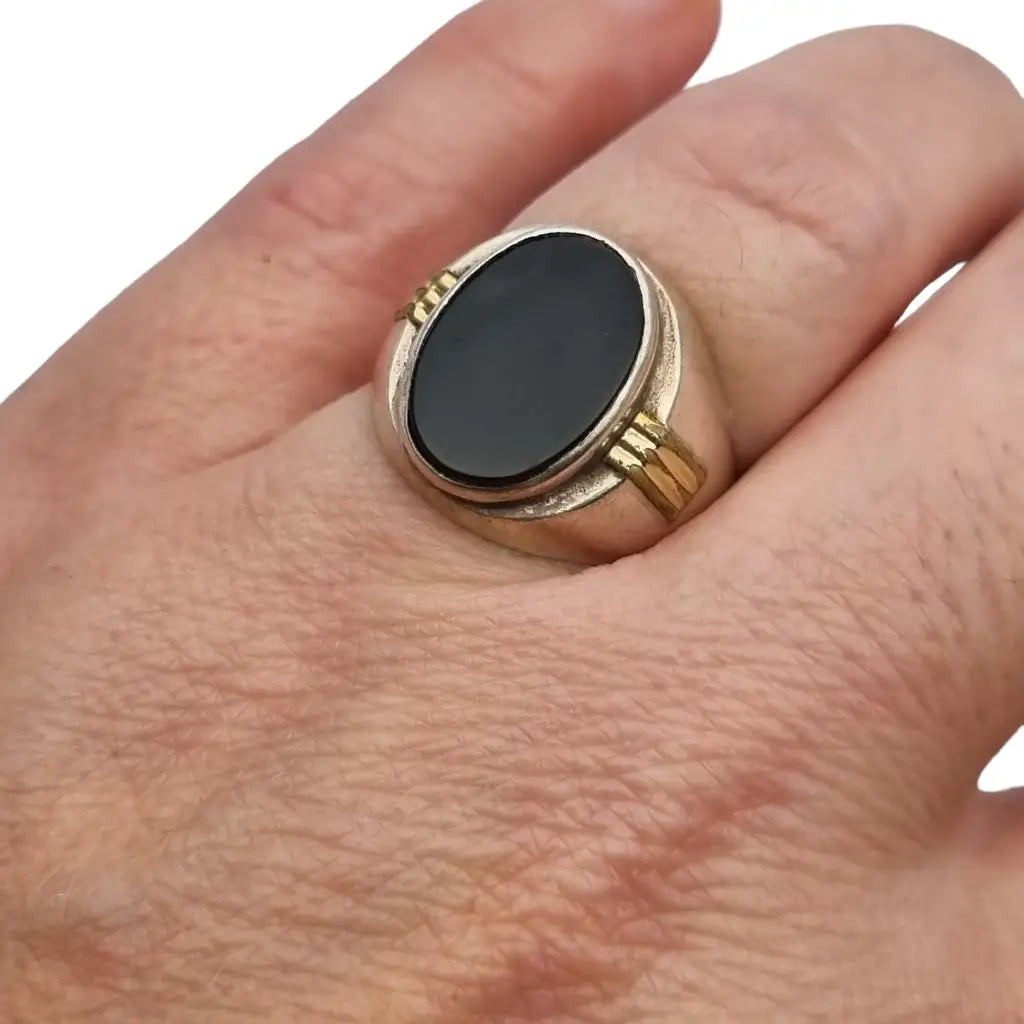 Anillo antiguo de ónix negro en plata 925 y oro 18k estilo sello para hombre.