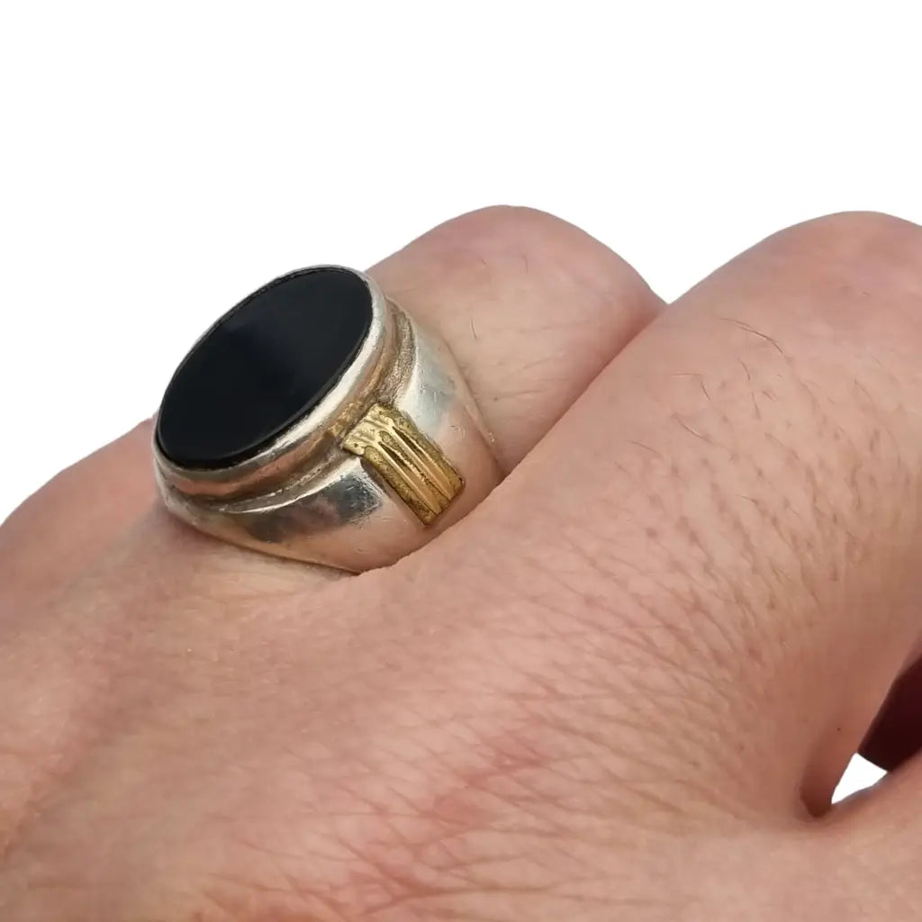 Anillo antiguo de ónix negro en plata 925 y oro 18k estilo sello para hombre.