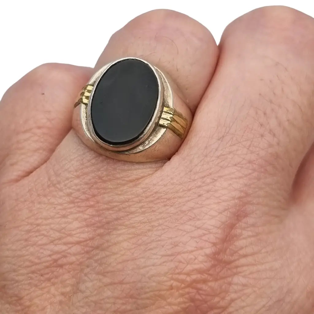 Anillo antiguo de ónix negro en plata 925 y oro 18k estilo sello para hombre.