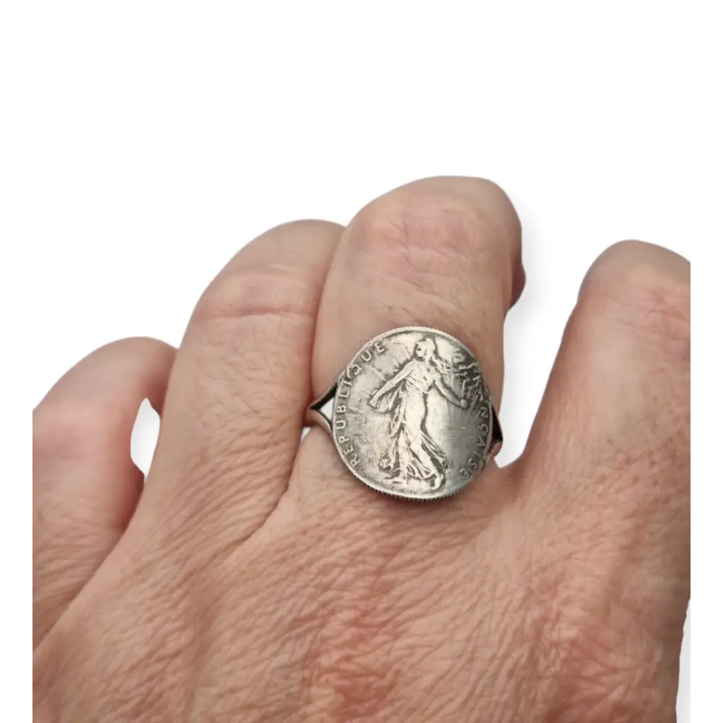 Anillo antiguo de plata francesa 50 céntimos 1917. Joyería numismática
