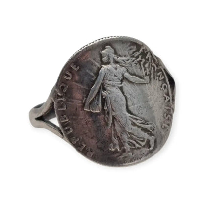 Anillo antiguo de plata francesa 50 céntimos 1917. Joyería numismática