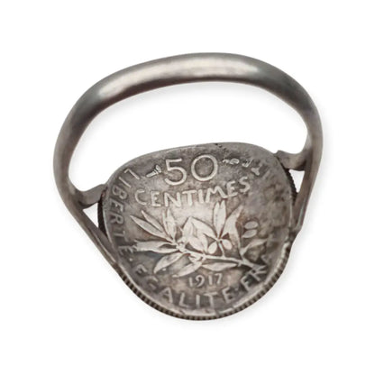 Anillo antiguo de plata francesa 50 céntimos 1917. Joyería numismática