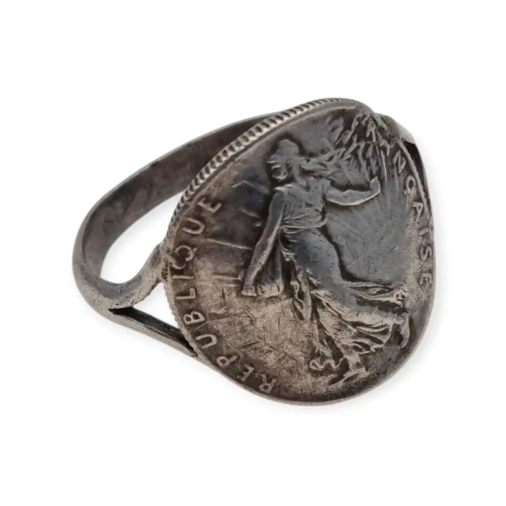 Anillo antiguo de plata francesa 50 céntimos 1917. Joyería numismática
