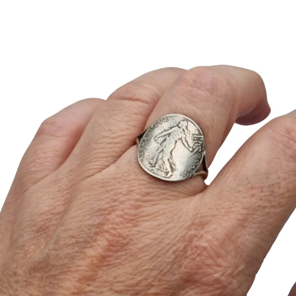 Anillo antiguo de plata francesa 50 céntimos 1917. Joyería numismática