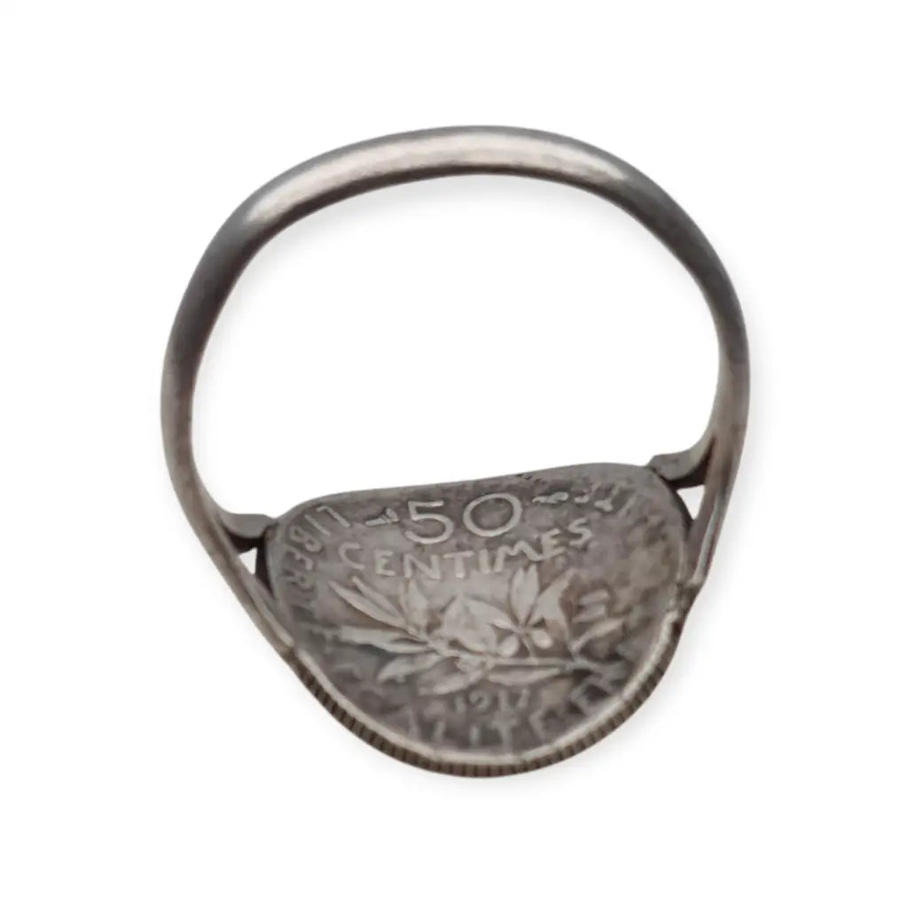 Anillo antiguo de plata francesa 50 céntimos 1917. Joyería numismática
