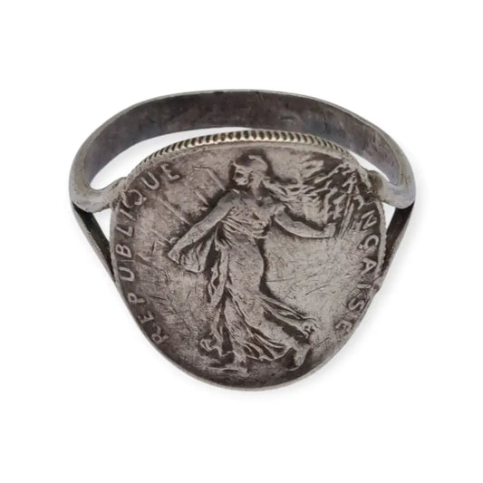 Anillo antiguo de plata francesa 50 céntimos 1917. Joyería numismática