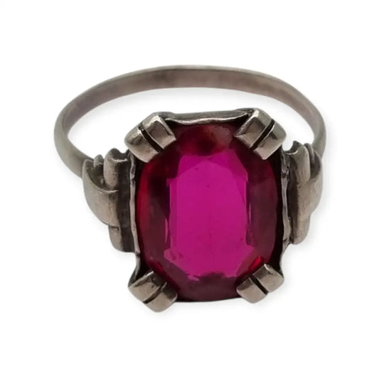 Anillo Art deco antiguo de plata con cristal color rubí para mujer circa 1930.