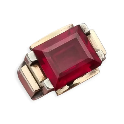 Anillo Art Decó francés años 30 en plata con vistas doradas y espinela rosa