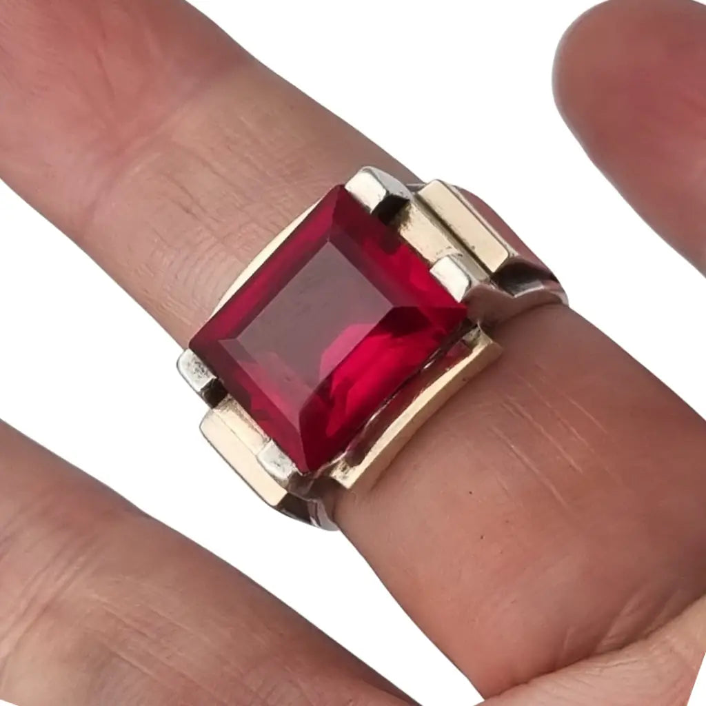 Anillo Art Decó francés años 30 en plata con vistas doradas y espinela rosa