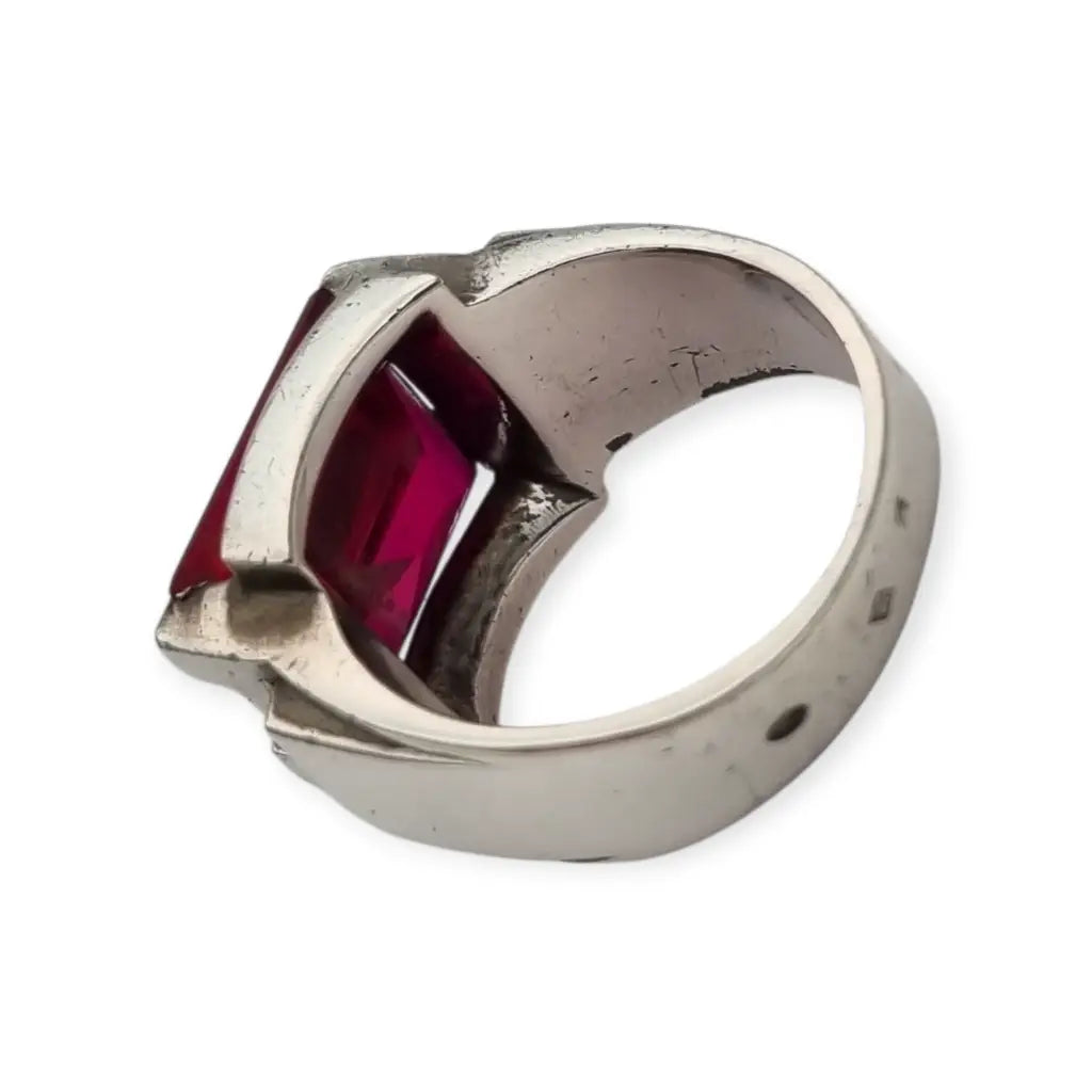 Anillo Art Decó francés años 30 en plata con vistas doradas y espinela rosa