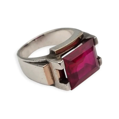 Anillo Art Decó francés años 30 en plata con vistas doradas y espinela rosa