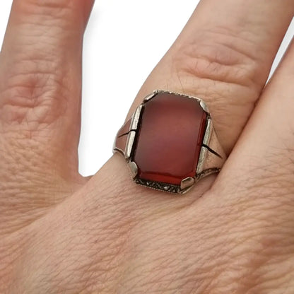 Anillo art déco de plata 835 y cornalina rectangular circa 1930-1940 regalos