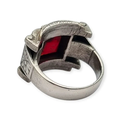 Anillo art déco de plata con vistas doradas y granate imitación décadas