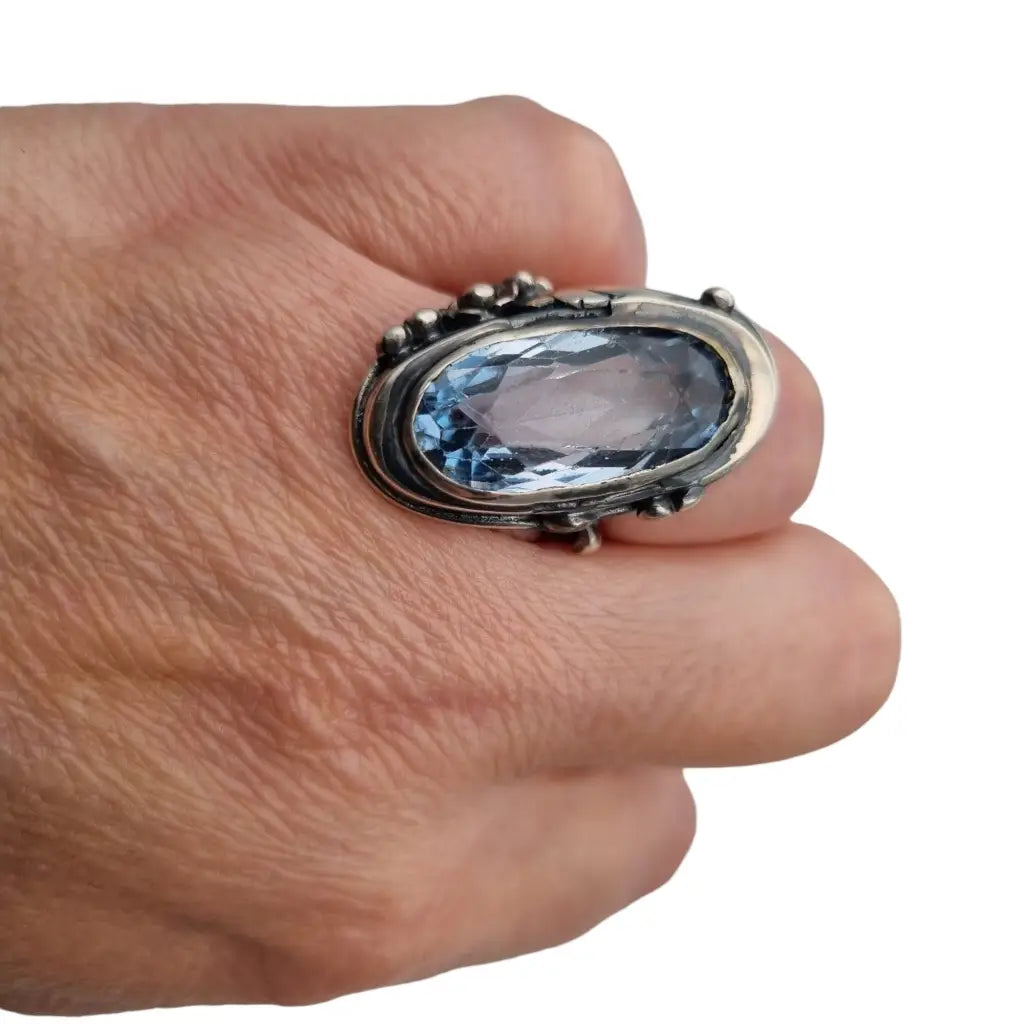 Anillo Art Nouveau de plata con piedra azul grande accesorios llamativos