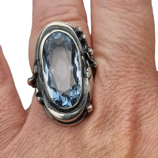 Anillo Art Nouveau de plata con piedra azul grande accesorios llamativos