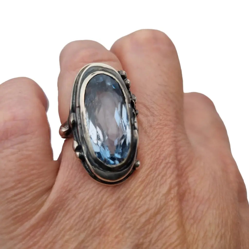 Anillo Art Nouveau de plata con piedra azul grande accesorios llamativos