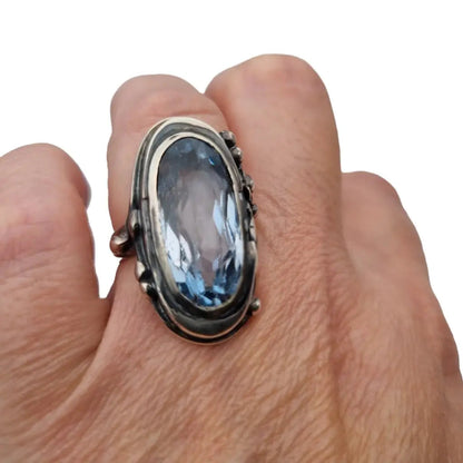 Anillo Art Nouveau de plata con piedra azul grande accesorios llamativos