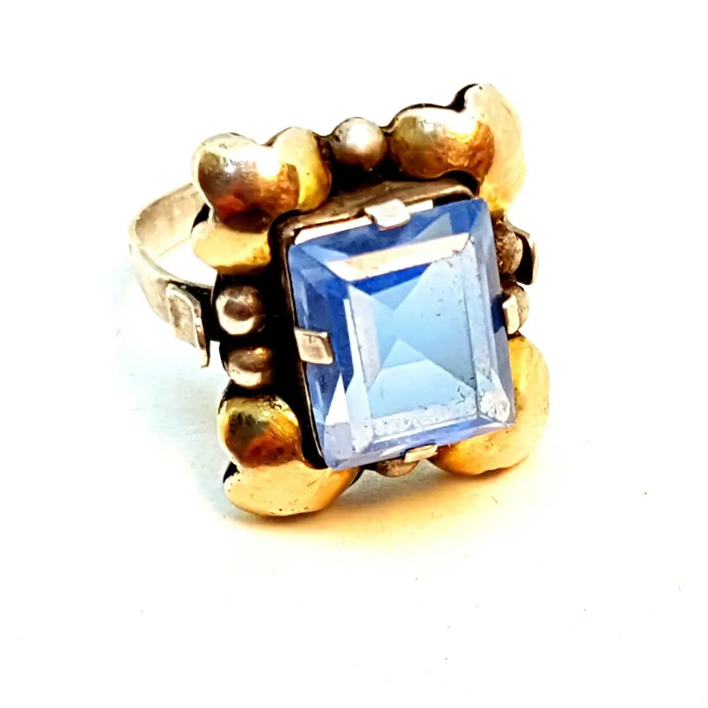 Anillo azul Art Deco de plata y oro joyería antigua 1940 con símil