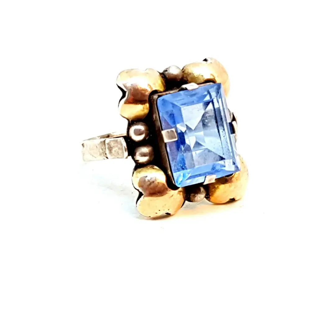 Anillo azul Art Deco de plata y oro joyería antigua 1940 con símil