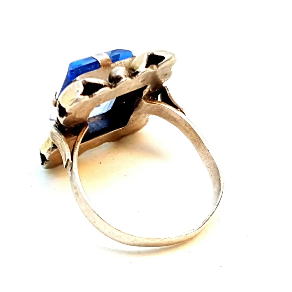 Anillo azul Art Deco de plata y oro joyería antigua 1940 con símil