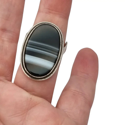 Anillo Boho vintage de plata con ágata negra ovalada bandas joyería