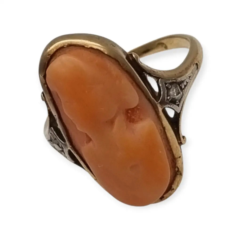 Anillo camafeo de diamantes coral en oro 14k con caja para mujer joyería