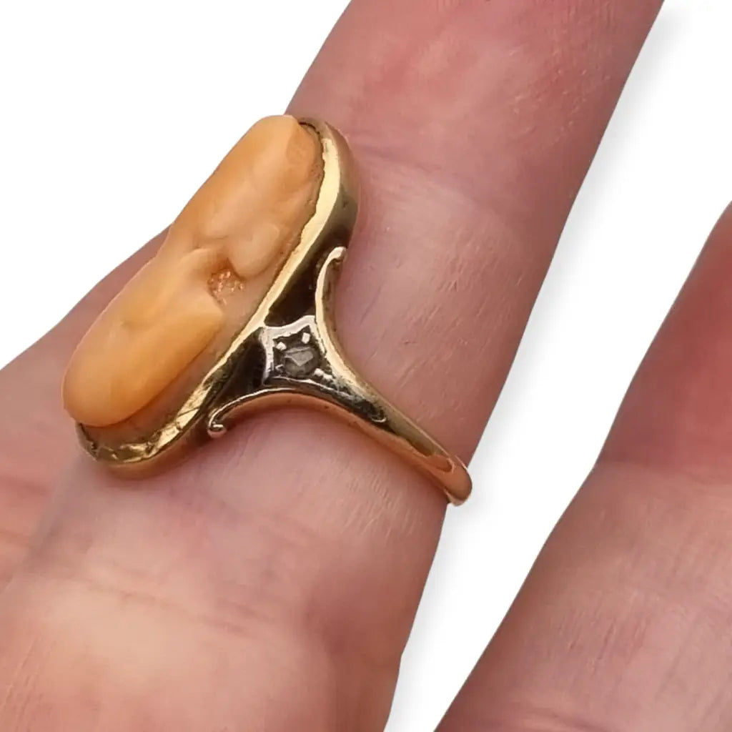 Anillo camafeo de diamantes coral en oro 14k con caja para mujer joyería