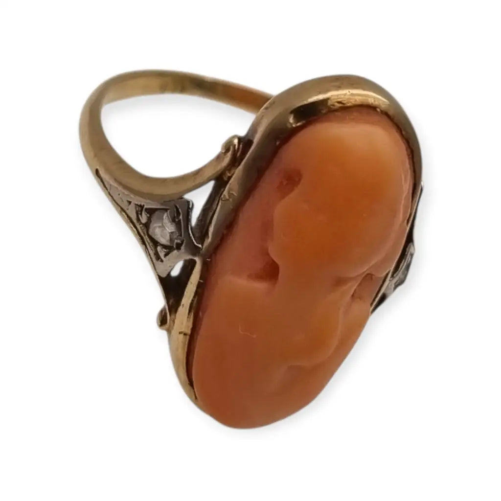 Anillo camafeo de diamantes coral en oro 14k con caja para mujer joyería