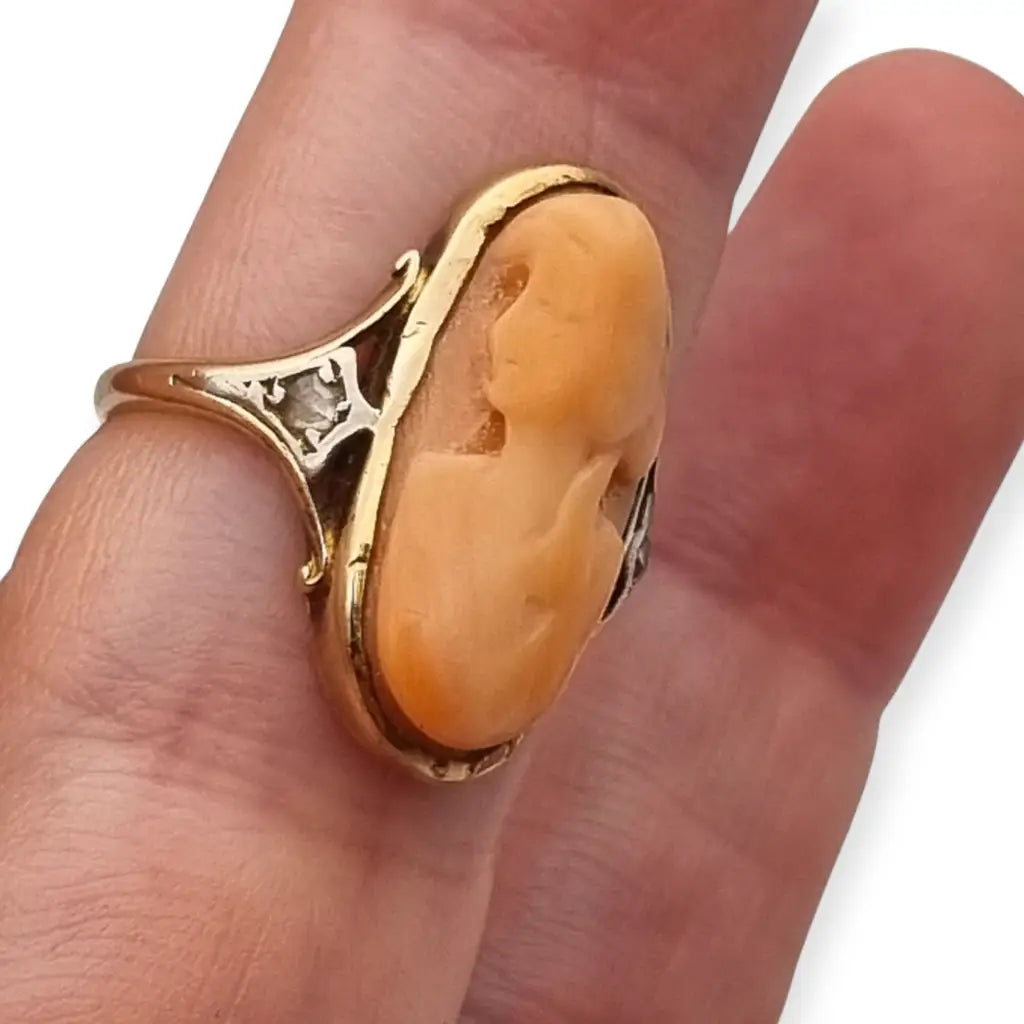 Anillo camafeo de diamantes coral en oro 14k con caja para mujer joyería