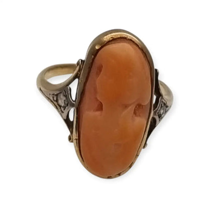 Anillo camafeo de diamantes coral en oro 14k con caja para mujer joyería