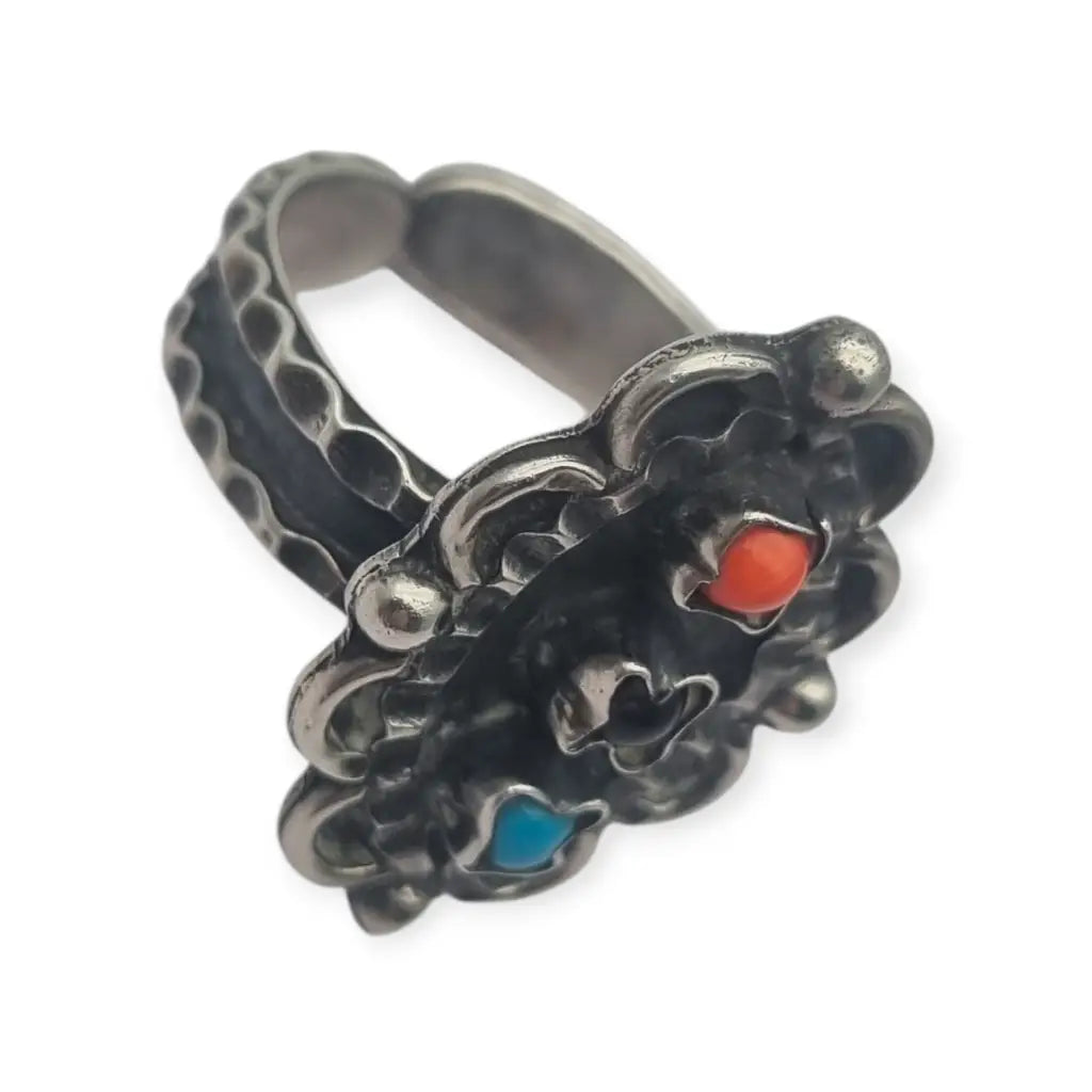 Anillo estilo Matilde Poulat en plata 925 Matl con turquesa coral y amatista –
