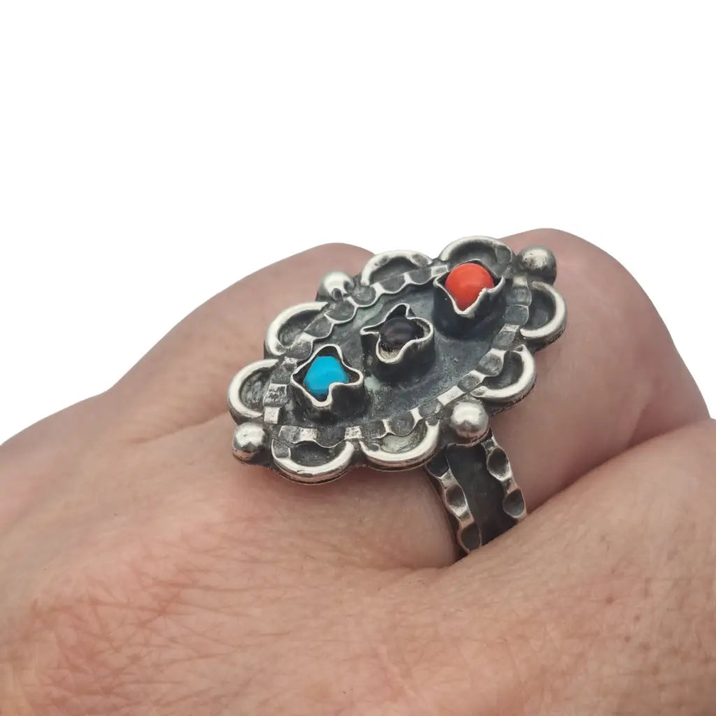 Anillo estilo Matilde Poulat en plata 925 Matl con turquesa coral y amatista –