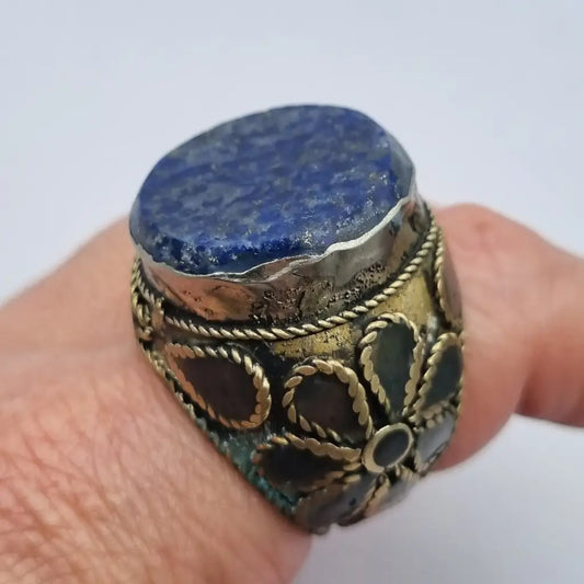 Anillo étnico de piedra azul tamaño grande joyería boho vintage años 70-80