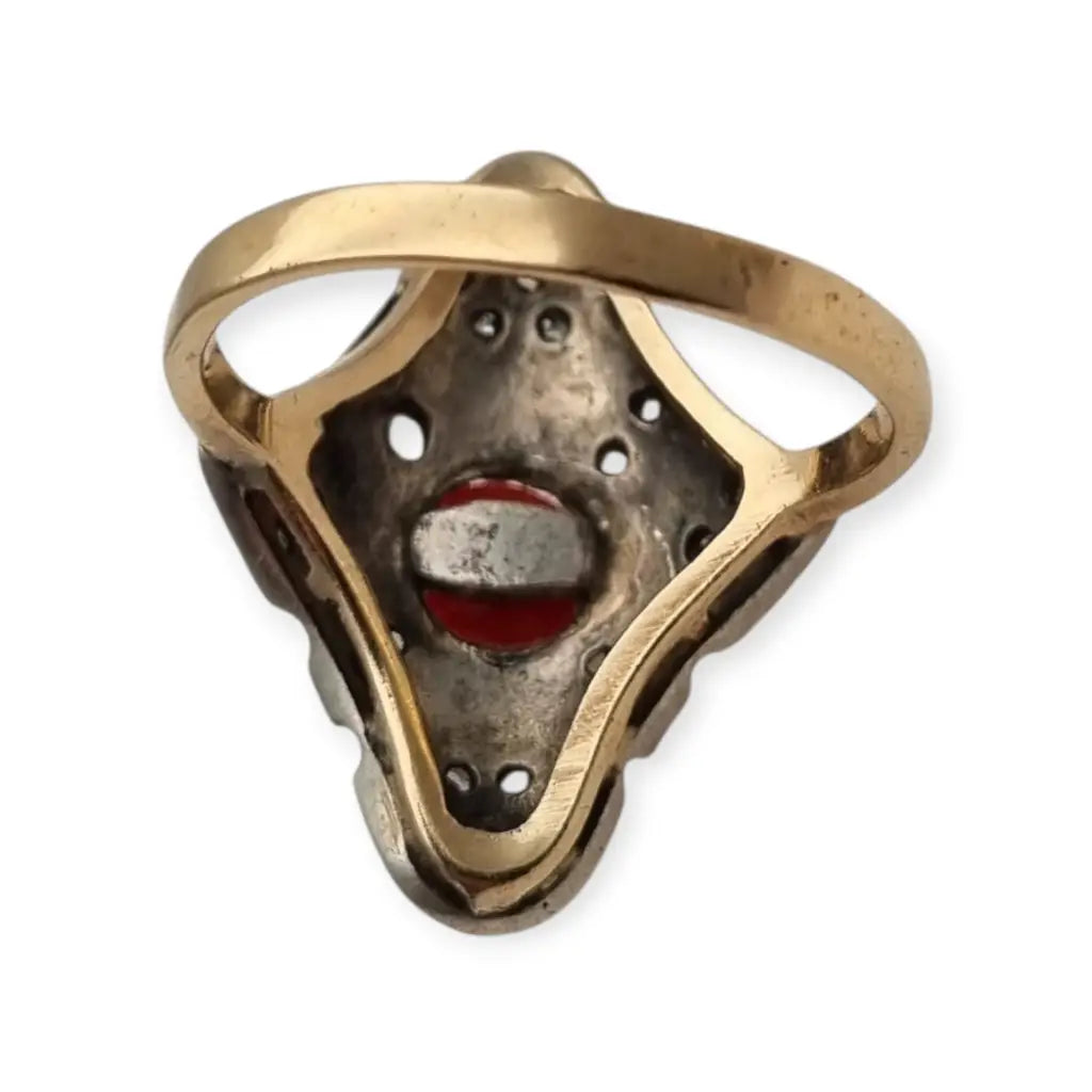 Anillo lanzadera de coral rojo y diamantes en oro 9k plata joyería art deco