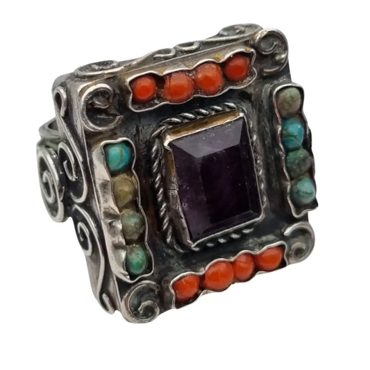 Anillo mexicano plata 925 con amatista coral turquesa joya vintage étnica hecha