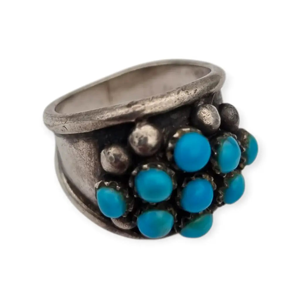 Anillo de plata estilo boho con cuentas azules para mujer años 80.